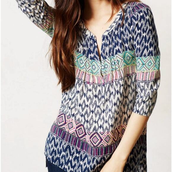 ANTHROPOLOGIE Plenty By Tracy Reese 3/4 Sleeve Colorful Geo Print Top - Picture 1 of 4